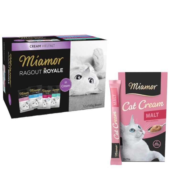Miamor Mixpaket: 12 x 100 g Ragout Royale + 12 x 15 g Cat Snack Malt-Cream - Ragout Royale Multi-Mix Cream + Snack Malt-Cream