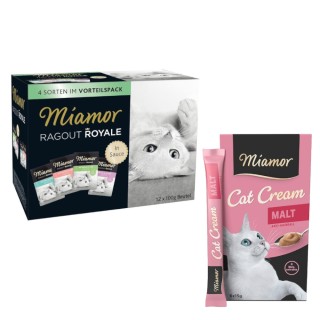 Miamor Mixpaket: 12 x 100 g Ragout Royale + 12 x 15 g Cat Snack Malt-Cream - Ragout Royale Mix in Soße + Snack Malt-Cream