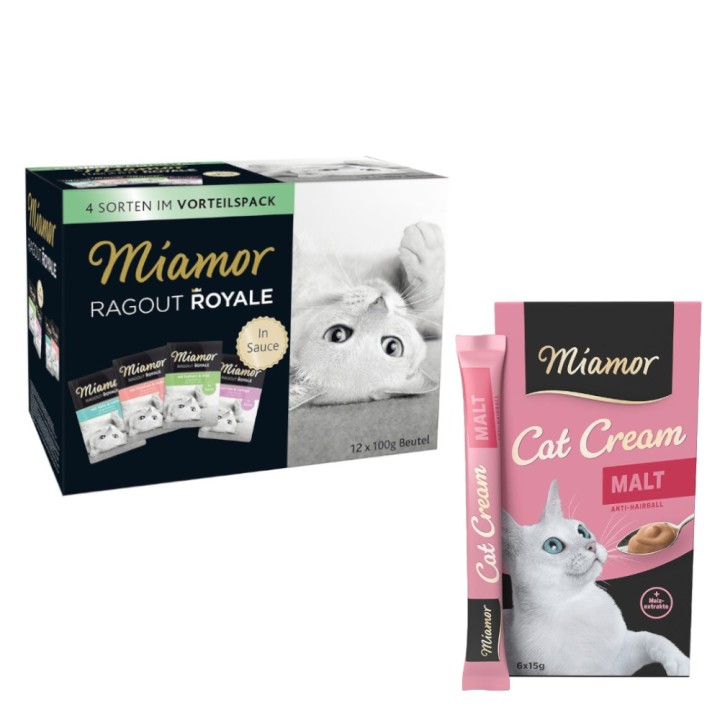 Miamor Mixpaket: 12 x 100 g Ragout Royale + 12 x 15 g Cat Snack Malt-Cream - Ragout Royale Mix in Soße + Snack Malt-Cream