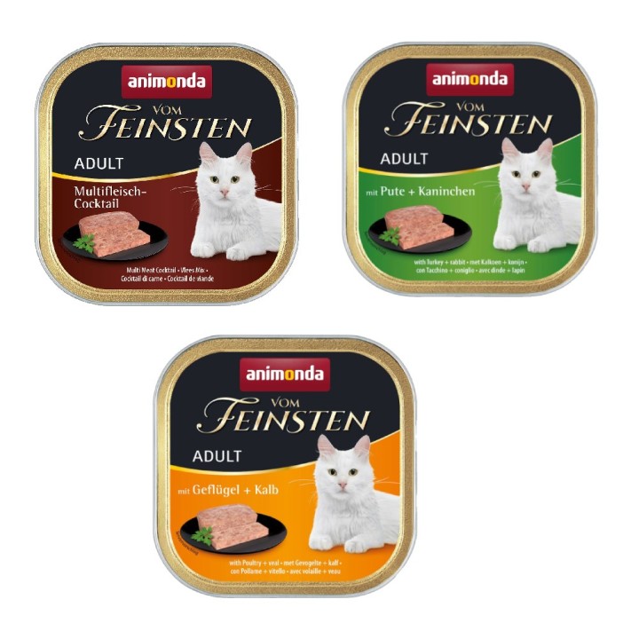 Kombi-Paket animonda vom Feinsten Adult 36 x 100 g - 12 x Geflügel & Kalb / 12 x Multi-Fleischcocktail / 12 x Pute & Kaninche