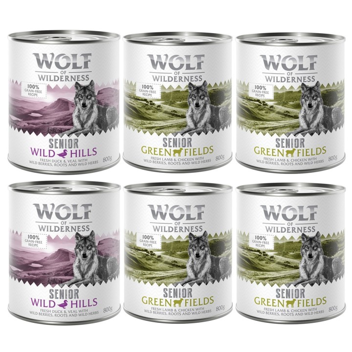 Wolf of Wilderness Senior - Mixpaket  - 6 x 800 g 4x Lamm & Huhn, 2x Ente & Kalb