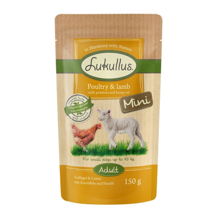 Lukullus Naturkost Adult Mini Getreidefrei 6 x 150 g - Geflügel & Lamm