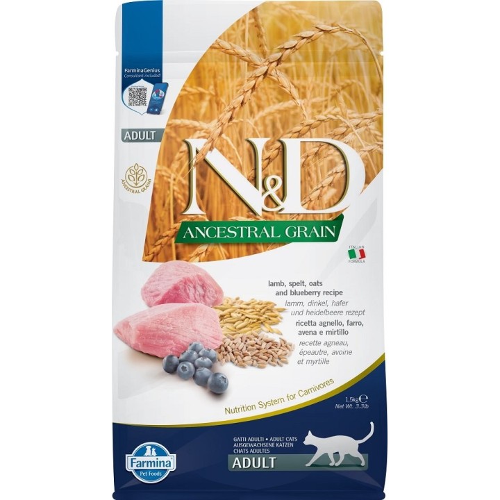 FARMINA N&amp,D Low Ancestral Grain Lamb &amp, Blueberry Adult Cat 1.5 kg