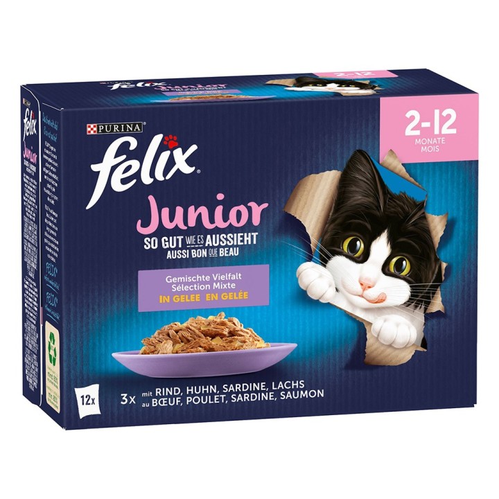 Felix Junior Nassfutter "So gut wie es aussieht" 48 x 85 g - Huhn, Rind, Lachs, Sardine