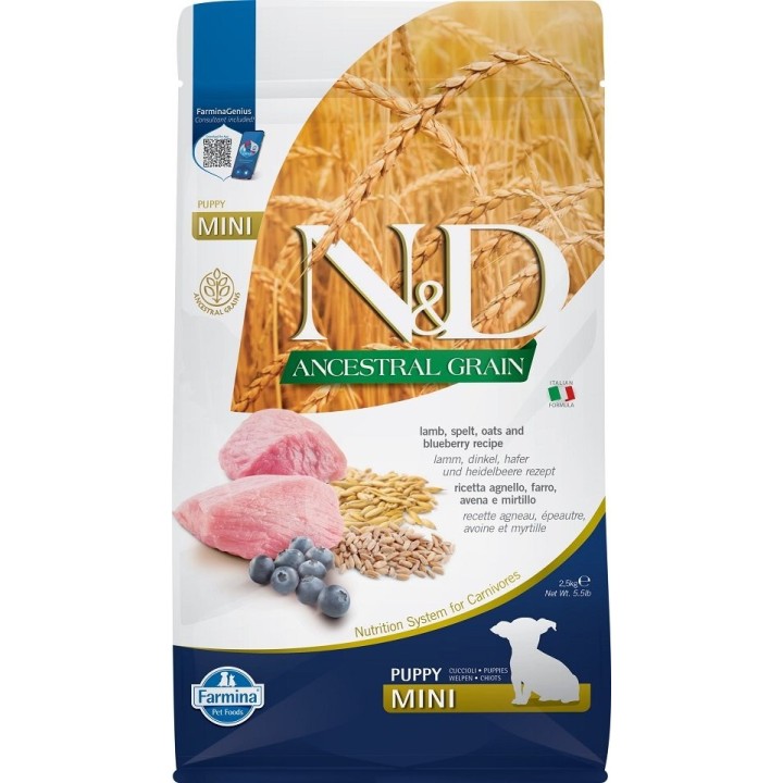 FARMINA N&amp,D Ancestral Grain Dog Lamb &amp, Blueberry Puppy Mini 2,5 kg für Welpen kleiner Rassen