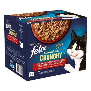 Felix "Sensations Crunchy" Pouches 20 x 85 g + 80 g Topping - Huhn, Rind, Kaninchen, Lamm