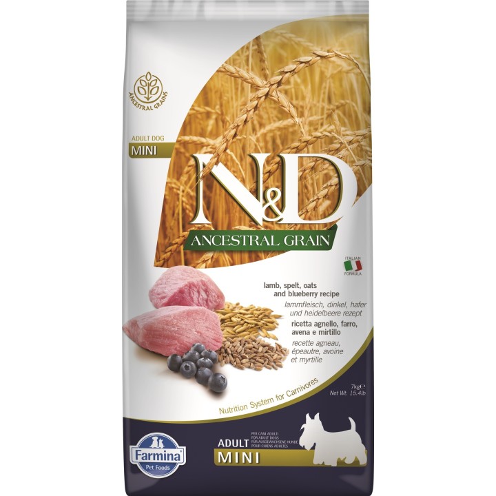 FARMINA N&amp,D Low Grain Lamb &amp, Blueberry Adult Mini 7 kg