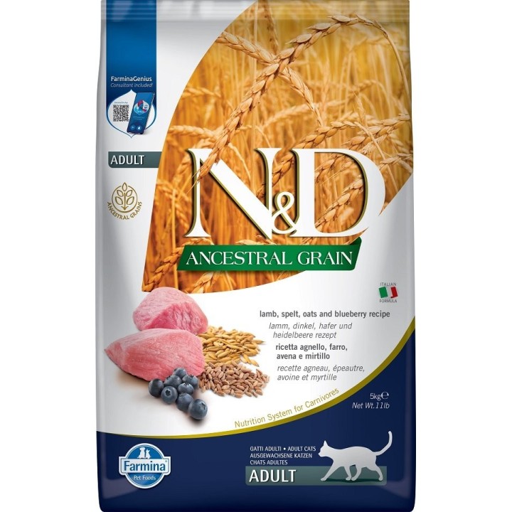 FARMINA N&amp,D Low Ancestral Grain Lamb &amp, Blueberry Adult Cat 5 kg