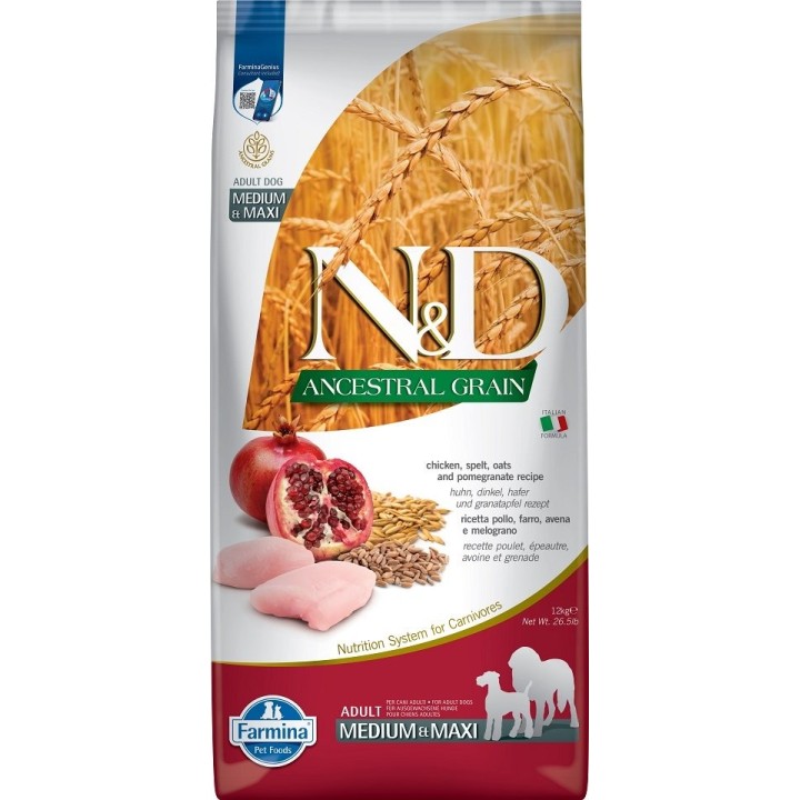 FARMINA N&amp,D Ancestral Grain Hund Adult Medium &amp, Maxi Huhn &amp, Granatapfel 12 kg