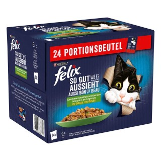 Felix "So gut wie es aussieht" Pouches 24 x 85 g - Rind & Karotte, Huhn & Tomate, Lachs & Zucchini, Forelle & Grüne Bohnen