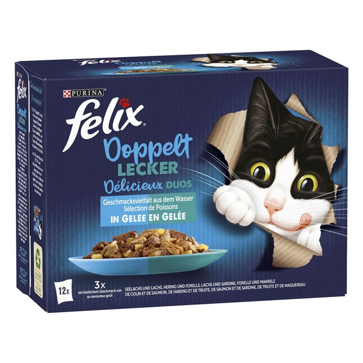 Felix "Doppelt lecker - So gut wie es aussieht" Pouches 12 x 85 g - Seelachs & Lachs, Lachs & Sardine, Hering & Forelle, Fore