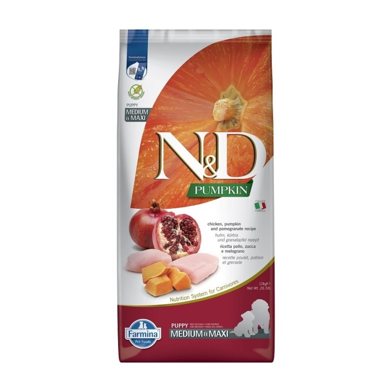 FARMINA N&amp,D Kürbis Hund Welpe Medium &amp, Maxi Huhn, Kürbis &amp, Granatapfel 12 kg