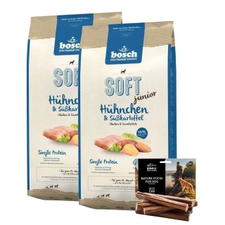 BOSCH Soft Junior Hühnchen &amp, Süßkartoffel 2 x 12,5 kg + Hundesnacks Nature Sticks mit Rind 7 Stck
