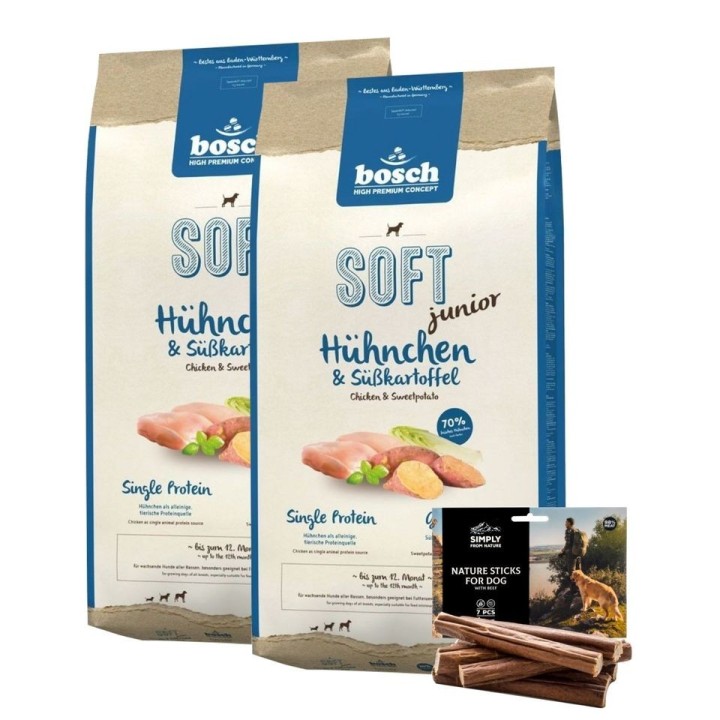 BOSCH Soft Junior Hühnchen &amp, Süßkartoffel 2 x 12,5 kg + Hundesnacks Nature Sticks mit Rind 7 Stck