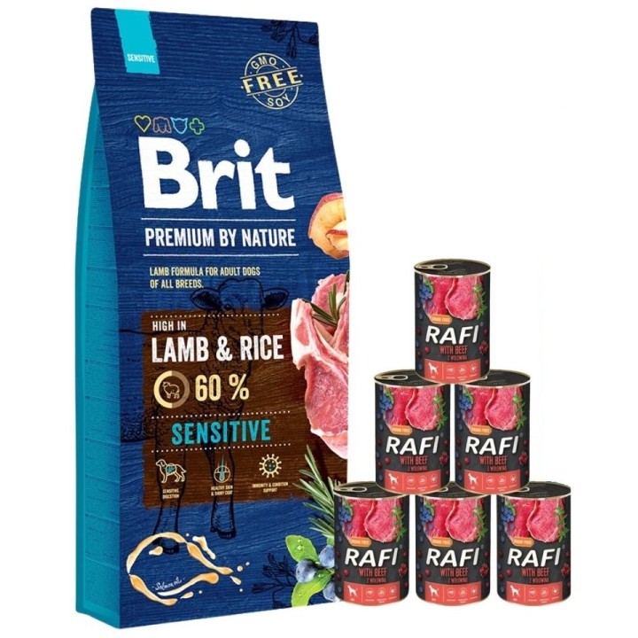 BRIT Premium By Nature Sensitive Lamb 15 kg + Nassfutter mit Rind 6x400 g
