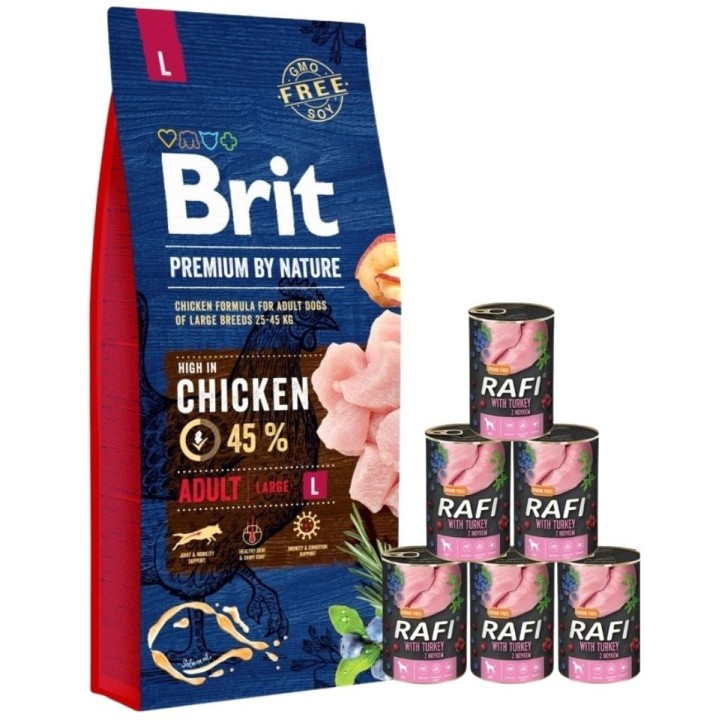 BRIT Premium By Nature Adult Large L 15 kg + Nassfutter mit Pute 6x400 g