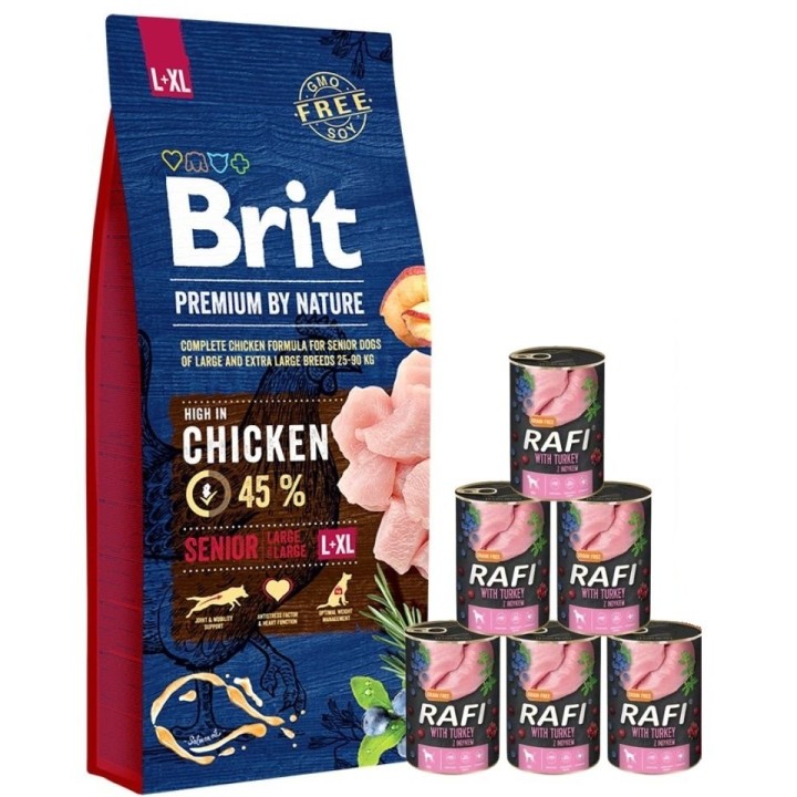BRIT Premium By Nature Senior Large Extra Large L+XL 15 kg + RAFI Nassfutter mit Pute 6x400 g