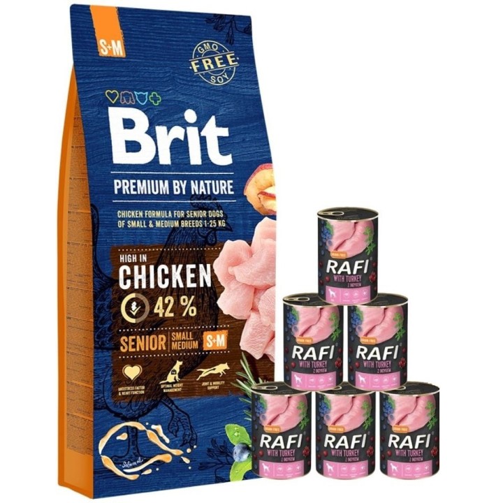 BRIT Premium By Nature Senior Small Medium S+M 15 kg + Nassfutter mit Truthahn 6x400 g