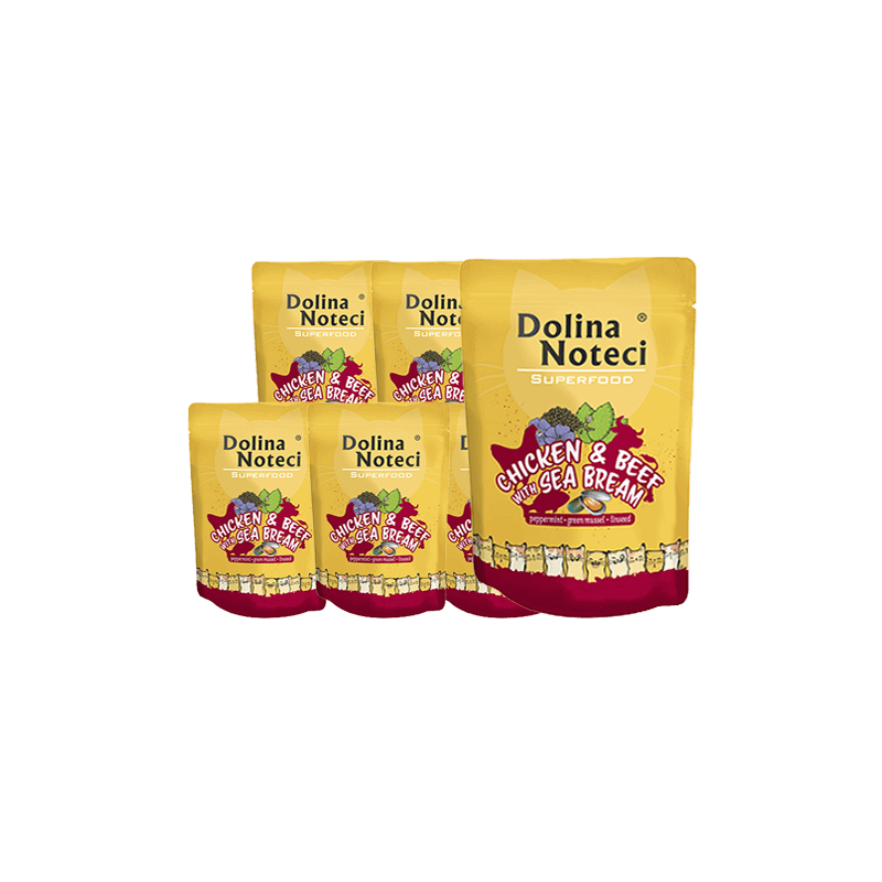 DOLINA NOTECI Superfood Huhn, Rind, Kabeljau 10x85g Nassfutter für Katzen