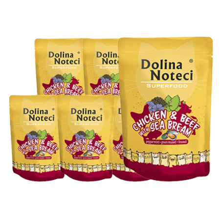 DOLINA NOTECI Superfood Huhn, Rind, Kabeljau 10x85g Nassfutter für Katzen