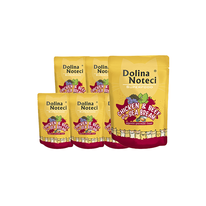 DOLINA NOTECI Superfood Huhn, Rind, Kabeljau 10x85g Nassfutter für Katzen