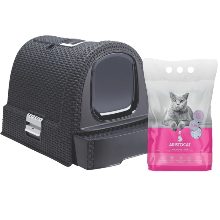 CURVER Katzentoilette grau + ARISTOCAT Silikatstreu für Katzen 3,8 l