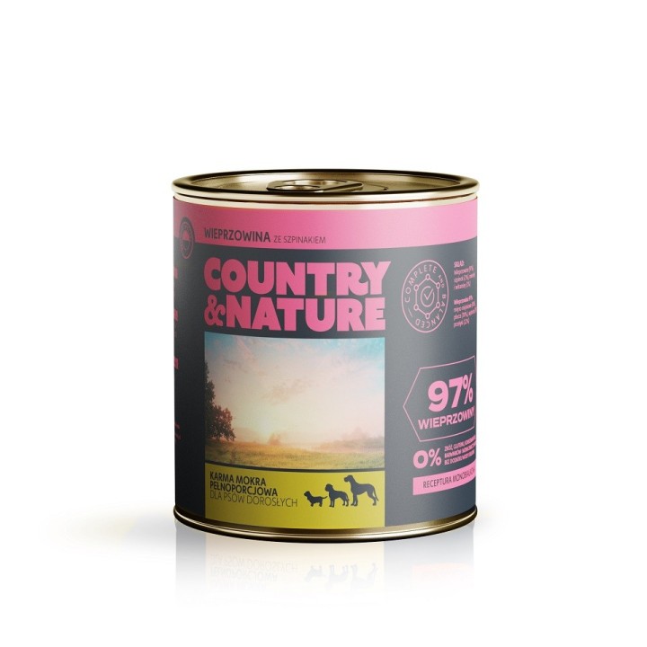 COUNTRY&amp,NATURE Getreidefreies Nassfutter Schweinefleisch mit Spinat 850g