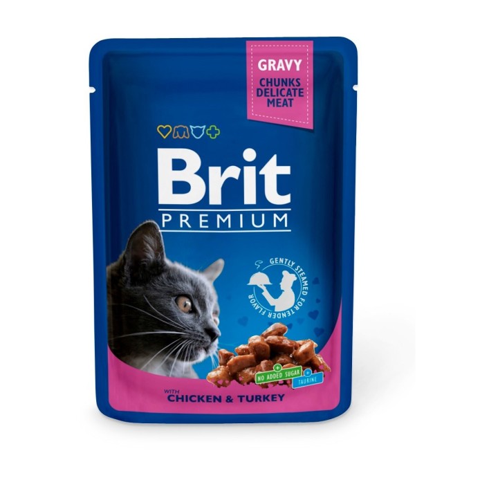 BRIT Premium Adult Beutel mit Huhn und Truthahn für Katzen 24 x 100g