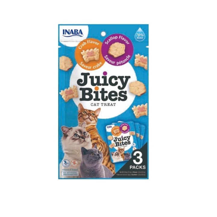 INABA Juicy Bites Katzen Leckerlie Knabbertaschen mit saftigem Kern in lustigen Formen - Jakobsmuschel und Krabbe 33,9g