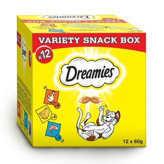 DREAMIES Variety Snack Box Katzensnacks mit verschiedenen Geschmacksrichtungen Huhn, Käse &amp, Lachs 12 x 60g