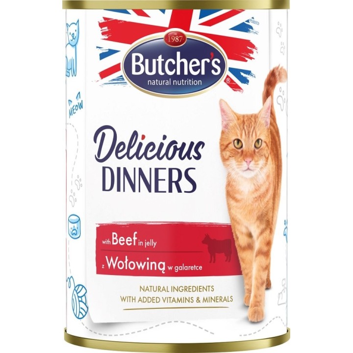 BUTCHER'S Delicious Dinners, Katzenfutter, Stücke mit Rindfleisch in Gelee, 400g