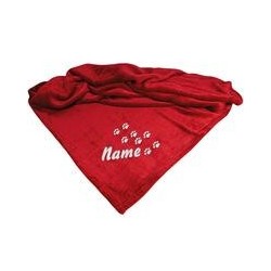 Schecker - Bestickte Mikrofaserdecke Premium [Rot - Pfotenspur mit Name]