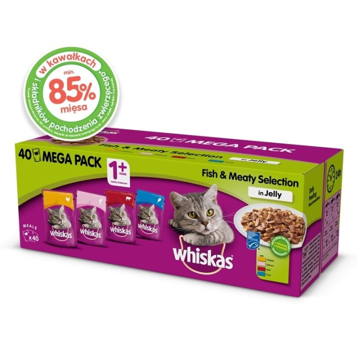 WHISKAS Adult 40x85g Fisch und Traditionelle Geschmacksrichtungen - Katzennassfutter in Gelee (Huhn, Lachs, Rind, Thunfisch)