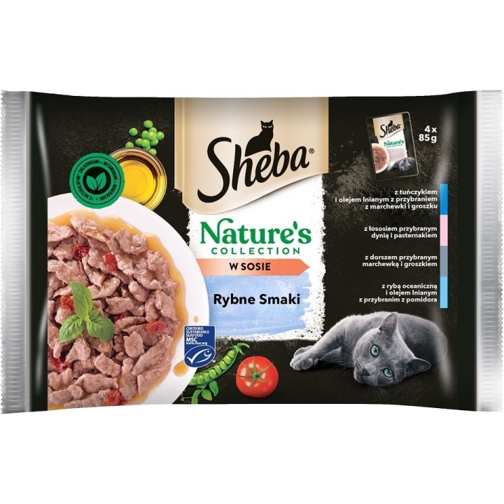 SHEBA Nature’s Collection Fish Flavours Katzennassfutter für ausgewachsene Katzen in Thunfisch-Leinöl-Sauce 52x85g