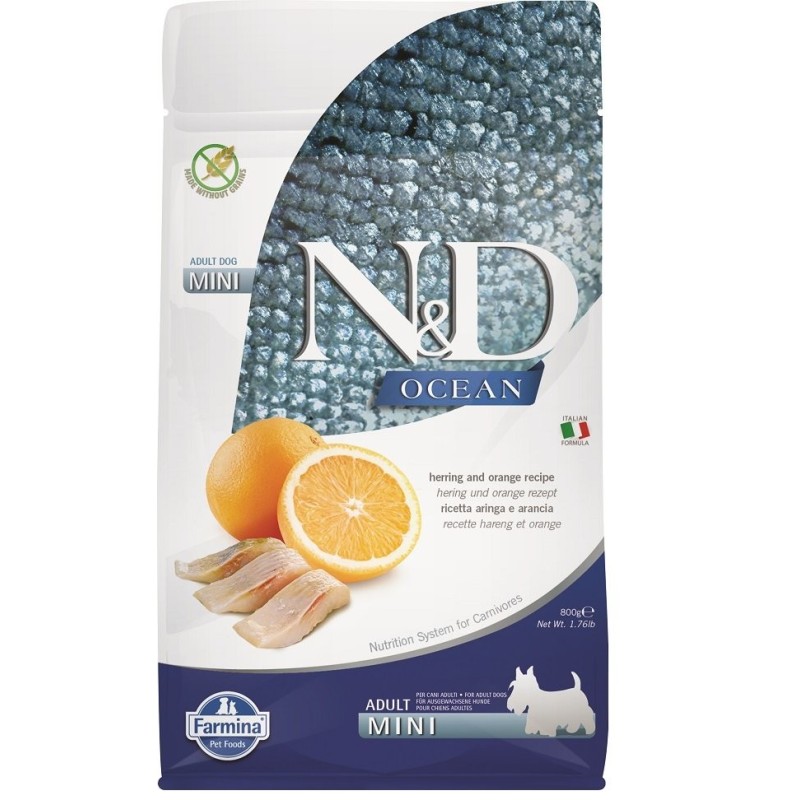 FARMINA N&amp,D Ocean canine Herring &amp, Orange Adult Mini für ausgewachsene Hunde kleiner Rassen 800 g