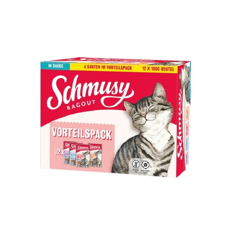 SCHMUSY RAGOUT Adult in Sauce Multibox 12x100g Soßentütchen für Huhn, Rind, Lachs und Ente