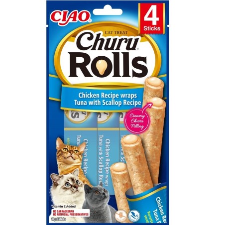 INABA Churu Rolls Chicken 4x10g Wraps mit Huhn, Thunfisch und Jakobsmuscheln für Katzen