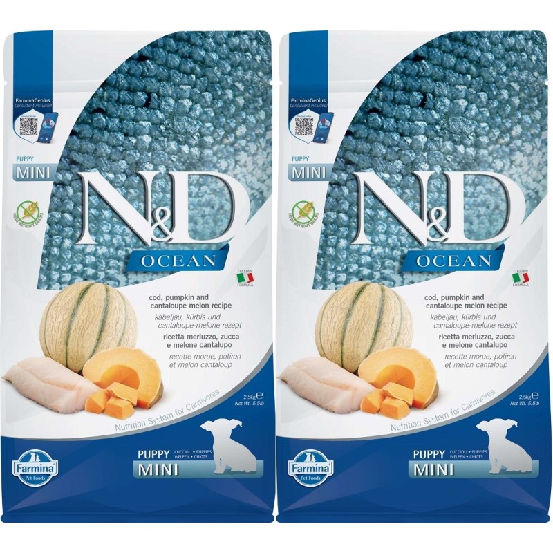 FARMINA N&amp,D Ocean Dog Puppy Mini Kabeljau, Kürbis &amp, Cantaloupe Melone für Welpen und trächtige Hündinnen 2x2,5 kg