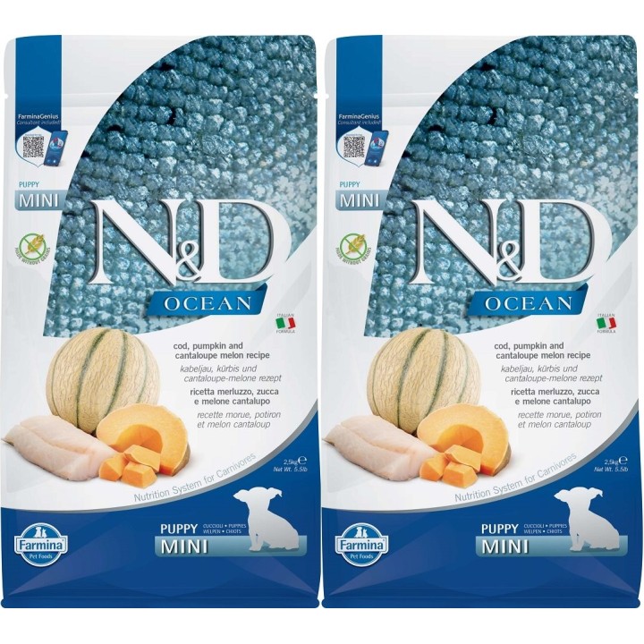FARMINA N&amp,D Ocean Dog Puppy Mini Kabeljau, Kürbis &amp, Cantaloupe Melone für Welpen und trächtige Hündinnen 2x2,5 kg