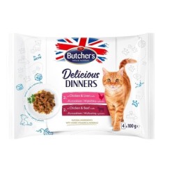 BUTCHER'S Delicious Dinners Gelee-Stücke für ausgewachsene Katzen 4x100g mit Huhn und Leber, mit Huhn und Rindfleisch