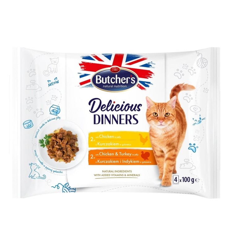 BUTCHER'S Delicious Dinners Gelee-Stücke für ausgewachsene Katzen 4x100g mit Huhn, Huhn und Pute