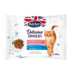 BUTCHER'S Delicious Dinners Gelee-Stücke für ausgewachsene Katzen 4x100g mit Lachs, mit Forelle