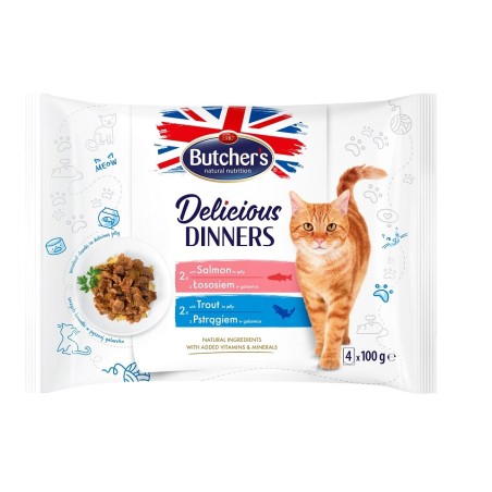 BUTCHER'S Delicious Dinners Gelee-Stücke für ausgewachsene Katzen 4x100g mit Lachs, mit Forelle