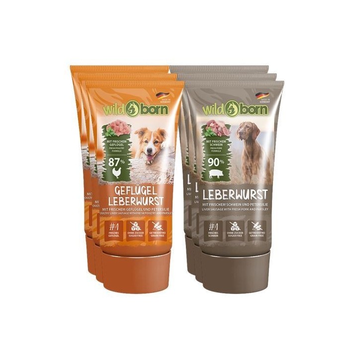 Wildborn Premium Geflügel-Leberwurst aus der Tube 6 x 75 g im Duo-Mixpaket