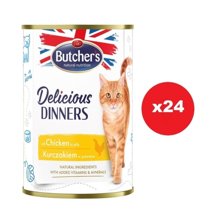 BUTCHER'S Delicious Dinners Katzenfutter, Hühnerstücke in Gelee 24x400g