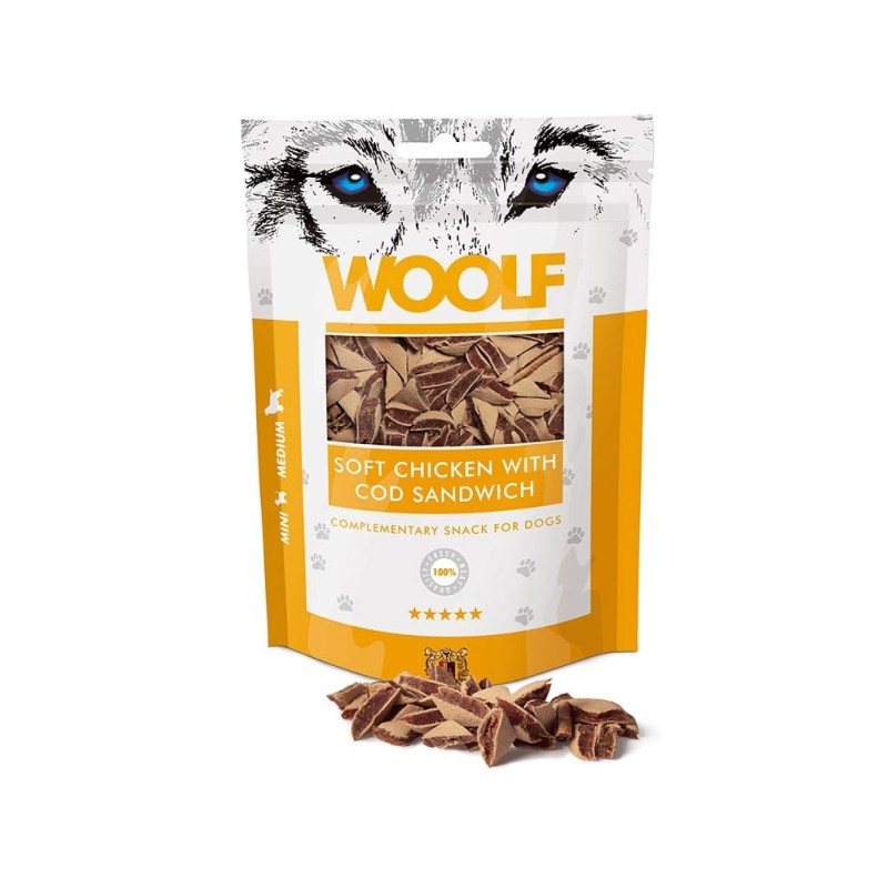 WOOLF Soft Chicken With Cod Sandwich 100g Weiche Sandwiches mit Hühnchen und Kabeljau