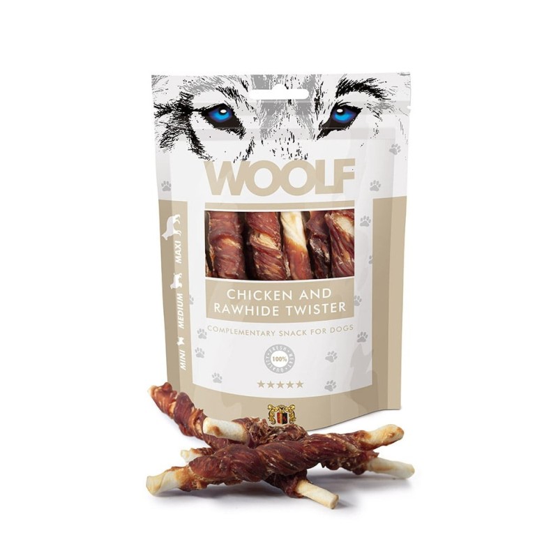 WOOLF Chicken And Rawhide Twister 100g getrocknete Haut, eingewickelt in Hühnchen