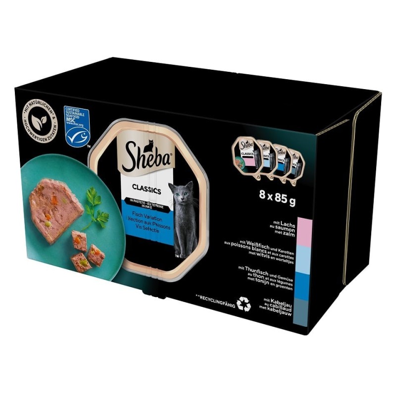 SHEBA Classics Fishy Flavours 32x85g Terrine mit Lachs, Weißfisch und Karotten, Thunfisch und Gemüse, Kabeljau
