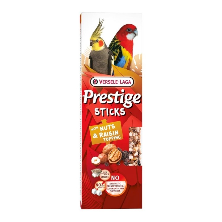 VERSELE-LAGA Prestige Sticks 2 Nuss- und Rosinenflaschen für mittelgroße Papageien 140g