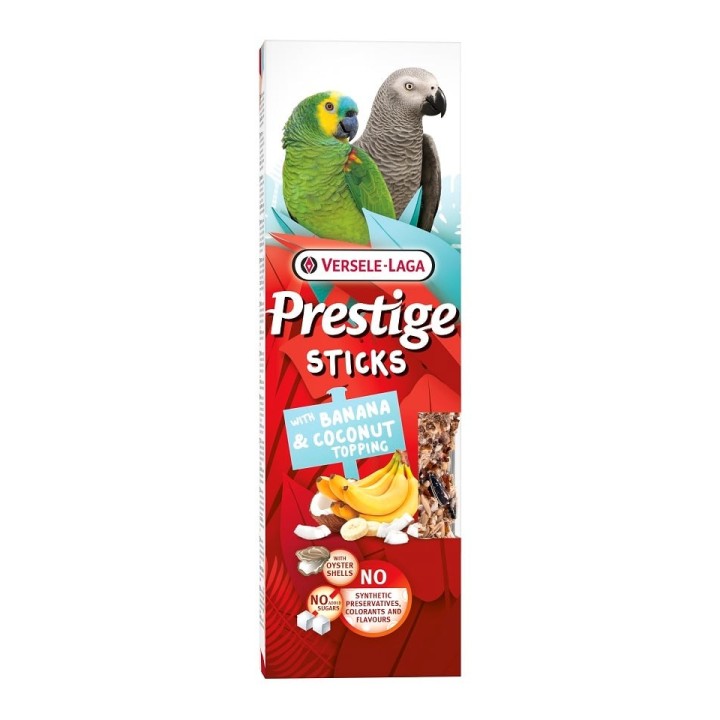 VERSELE-LAGA Prestige Sticks 2 Fläschchen mit Bananen- und Kokosstreuseln für große Papageien 140g